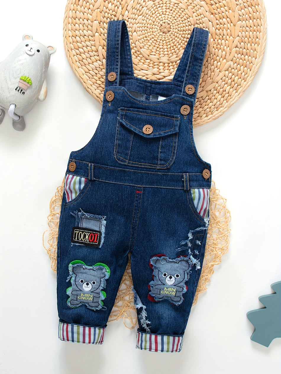 Karikatür Bear Patchwork Denim Askı Pantolonu - Sevimli Toddler Bahar/Sonbahar Genel - Kıbrıs