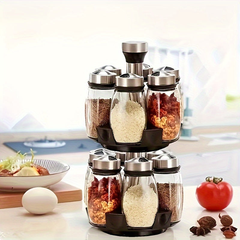 Rotatable Glass Spice Rack with 6/12 Jars - Compact Kitchen Organiser