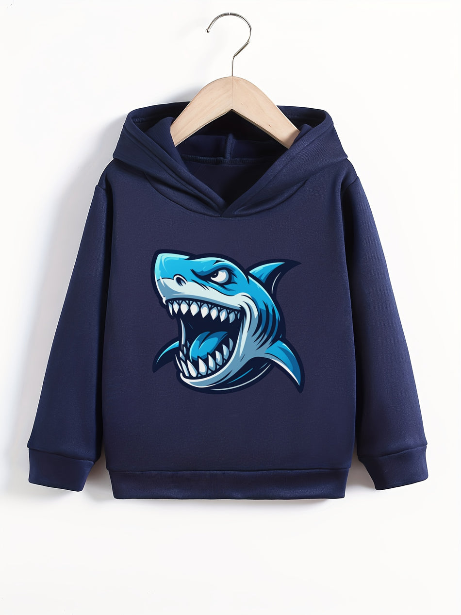 Cartoon Fierce Shark Print, Boy's Fashion Casual Comfy Round Neck Pullover Hoodies For Daily And Outdoor Wear, Spring And Fall Tops