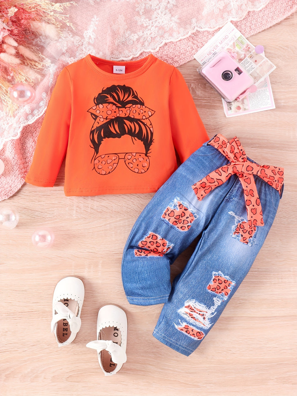 Infant Toddler Girls Long Sleeve Cartoon Girl Head Print Cute Top + Faux Jeans With Belt 3pcs Set