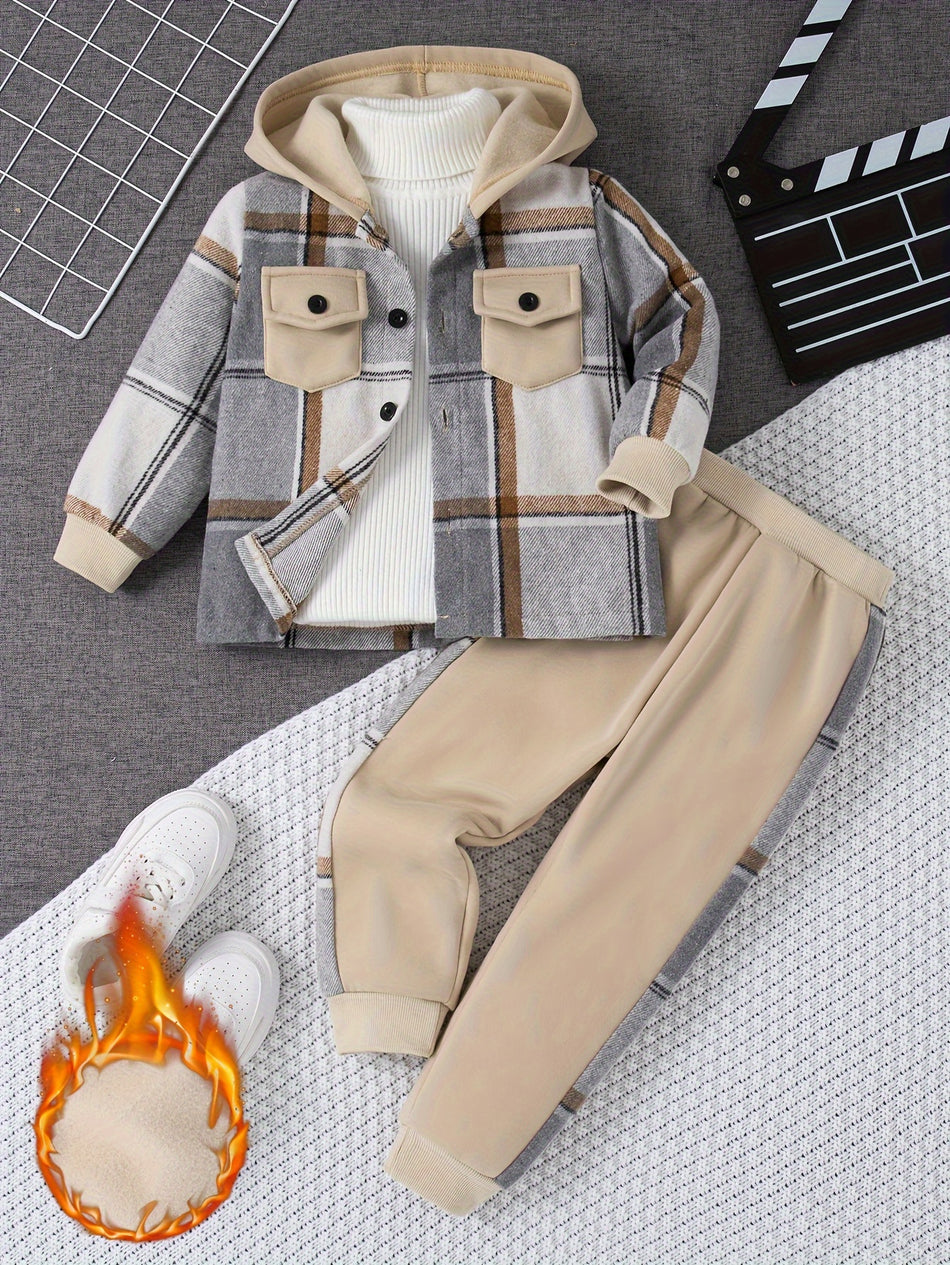 2-piece Boys Casual Warm Co Ord Set, Versatile Plaid Hoodie With Front Pocket And Jogger Pants, Comfy Winter Fall Clothes