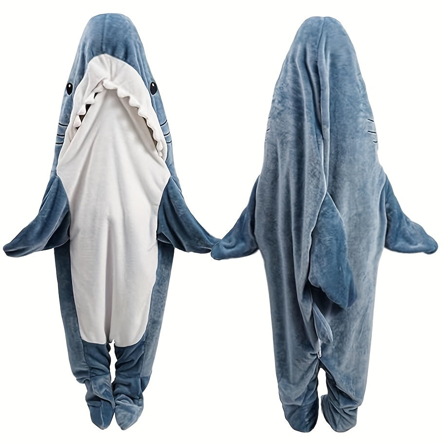 Cozy Shark Flannel Hoodie Blanket - Soft Wearable Sleeping Bag in Blue