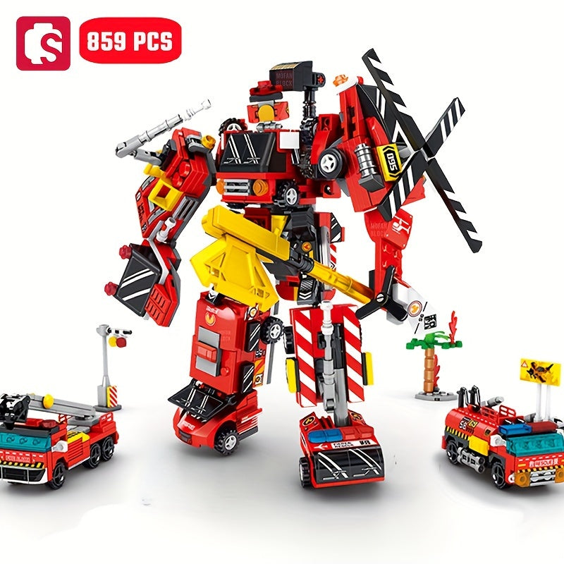 SEMBO BLOCK 859pcs Firefighter Mecha Building Kit - Flame Guardian Transforming Robot with Vehicles - Cyprus