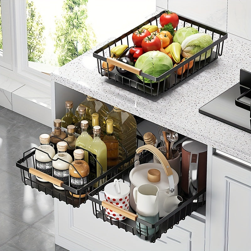 Black Pull-Out Cabinet Organizer With Sliding Mesh Basket & Handle - Lightweight Stainless Steel - Cyprus