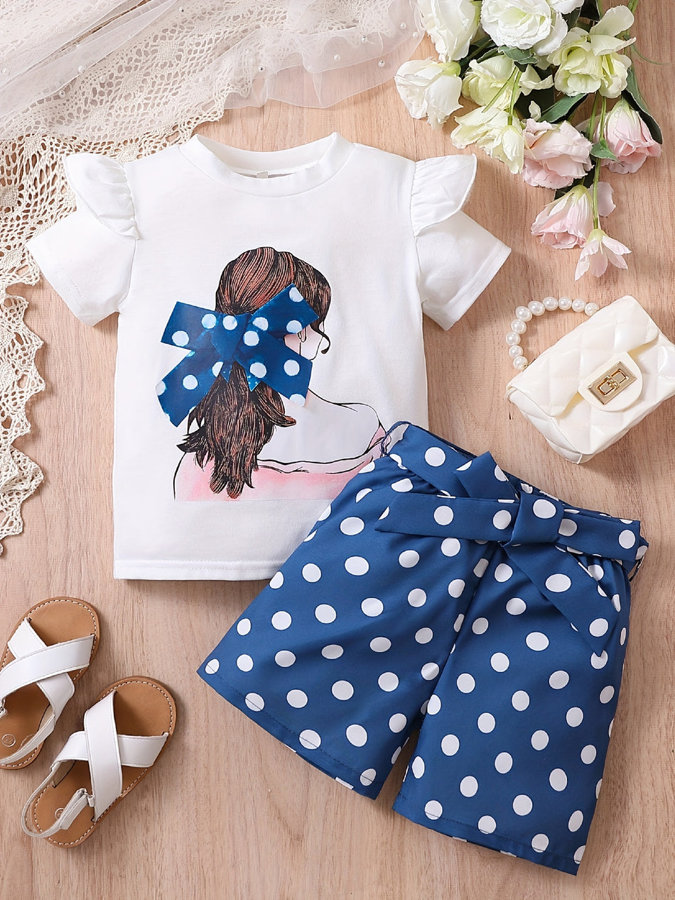 Κορίτσια τόξο σχήμα γραφικό ruffle trim t -shirt & polka dot belted σορτς σετ - Κύπρο