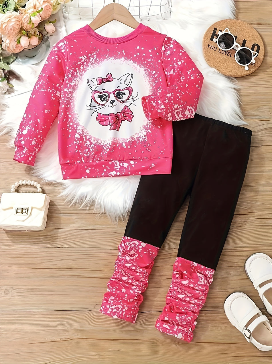 Mädchen 2pcs Cartoon Katze Muster Crew Nacken Langarm Sweatshirt bequemer Pullover + Joggers für Mädchenkleidersportarten