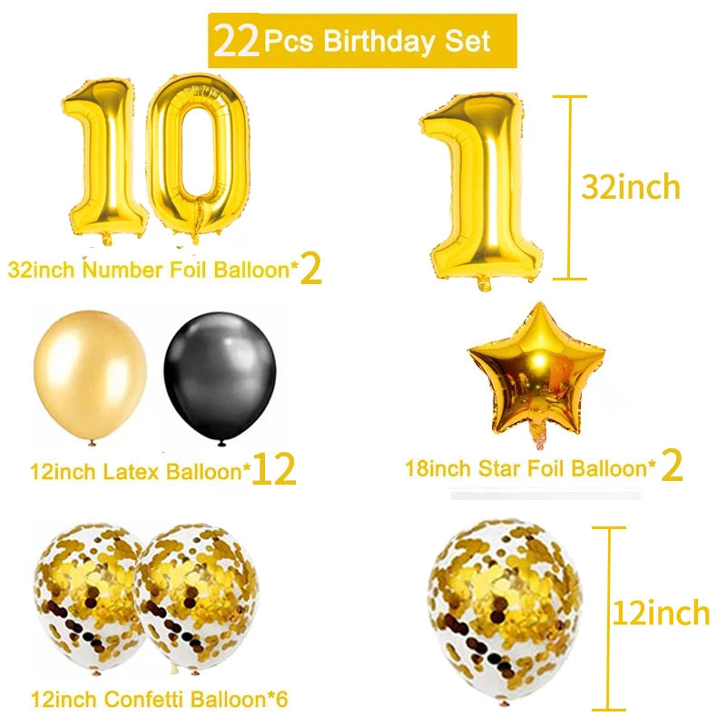 Yaobener Black Gold Number Foil Latex Balloons Happy Birthday Party Decorations Adult Kids - Cyprus