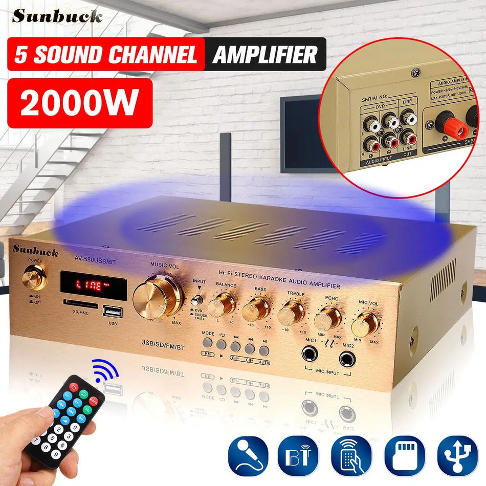 Sunbuck Bluetooth HiFi 5CH Power Audio Amplifier with FM Karaoke Cinema