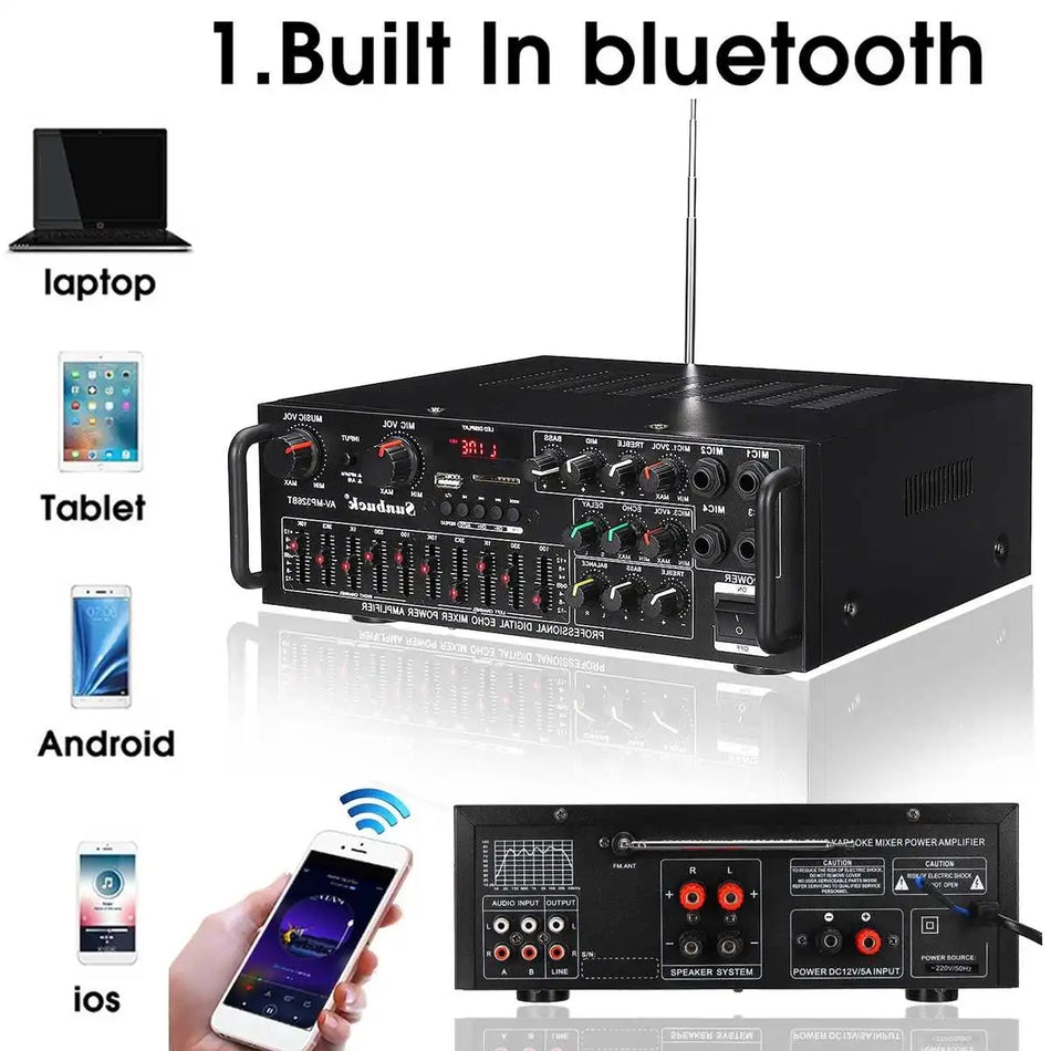 Sunbuck 2000W Kablosuz Bluetooth stereo amplifikatörü 4 mikrofon giriş