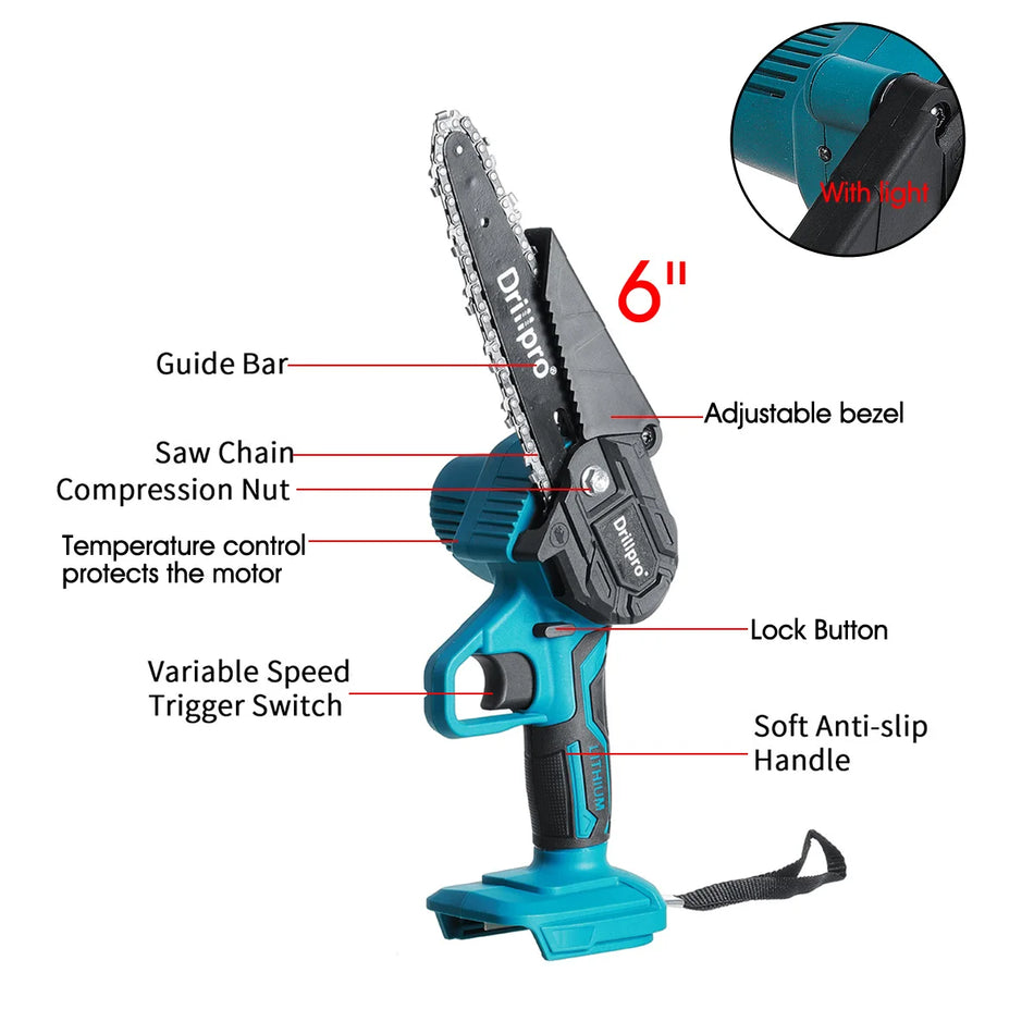 Drillpro 21V Cordless Electric Chainsaw with Brushless Motor & 6-Inch Guide Plate