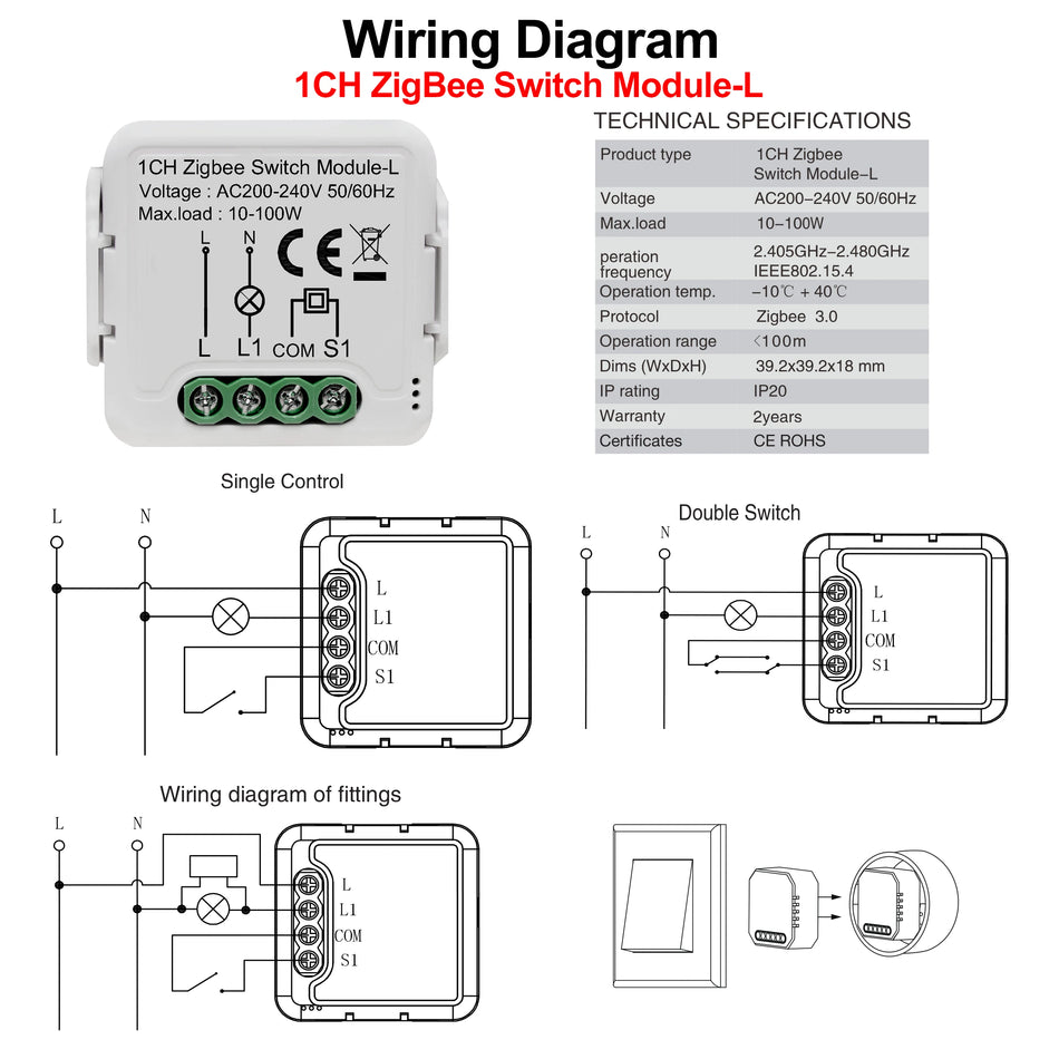 Girier Zigbee 3.0 Smart Light Switch Modul - Kein neutrales Kabel, Sprach- und App -Steuerelement