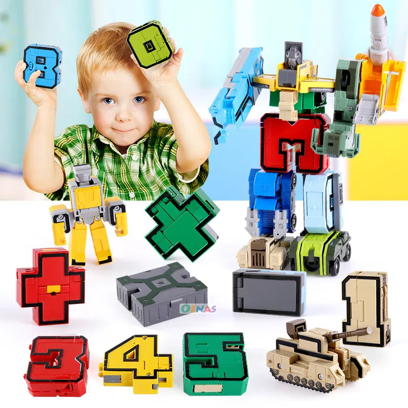 GUDI Assemble Robots Transformation Building Blocks Action Figure Car Model Deform Number Letters Alphabet Math Educational Toys