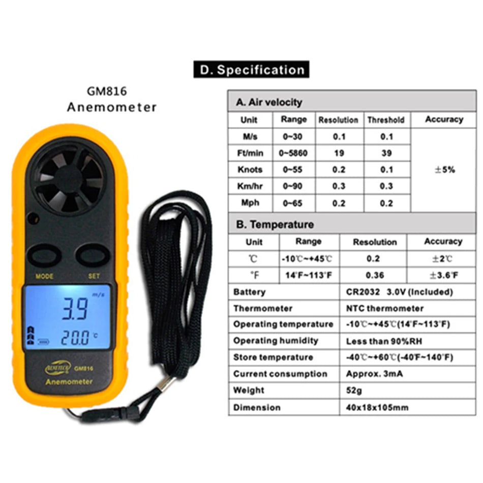 Vlasov GM816 Mini anémomètre numérique avec écran de rétroéclairage LCD