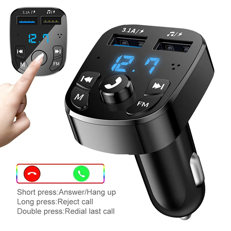 Car Bluetooth 5.0 FM Transmitter with Dual USB Charger & Hands-Free Calls