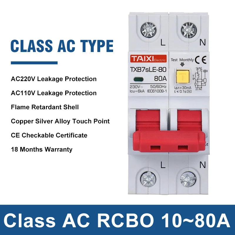 قاطع دائرة التيار المتبقي من TAIXI من النوع A RCCB RCBO - من 10 أمبير إلى 63 أمبير، AC220V/AC110V، حماية من التسرب 30 مللي أمبير/15 مللي أمبير