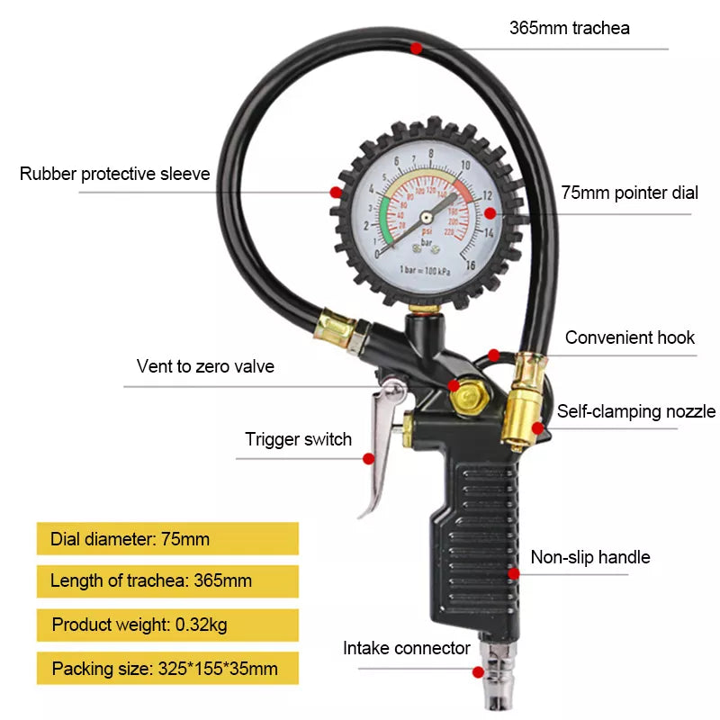 Auto Tire Pressure Gauge Pressure Gauge for Motorcycle Air Compressor Car Motorcycle SUV Inflator Pump Tools 220psi Self-locking