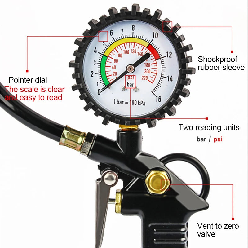 Auto-Reifen-Manometer-Manometer für Motorradluftkompressorauto Motorrad-SUV-Inflatorpumpenwerkzeuge 220psi Selbstverriegelung