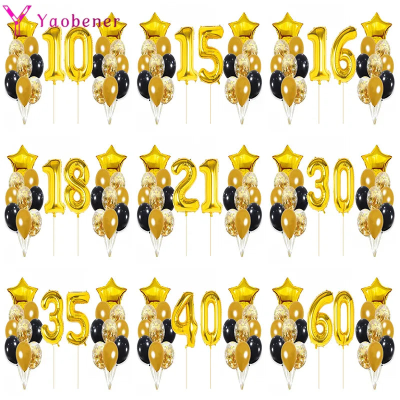 Yaobener Black Gold Number Foil Latex Balloons Happy Birthday Party Decorations Adult Kids - Cyprus