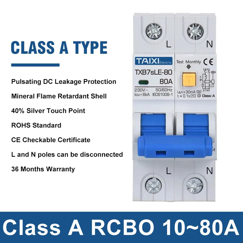 قاطع دائرة التيار المتبقي من TAIXI من النوع A RCCB RCBO - من 10 أمبير إلى 63 أمبير، AC220V/AC110V، حماية من التسرب 30 مللي أمبير/15 مللي أمبير