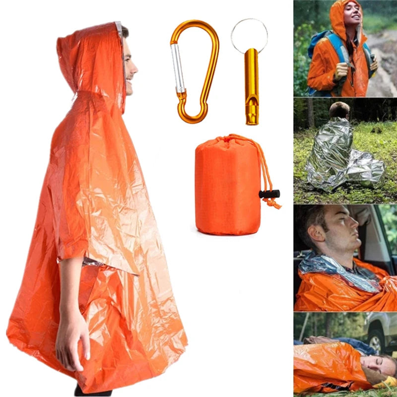 Emergency Blanket Poncho with Whistle - Outdoor Survival Tool