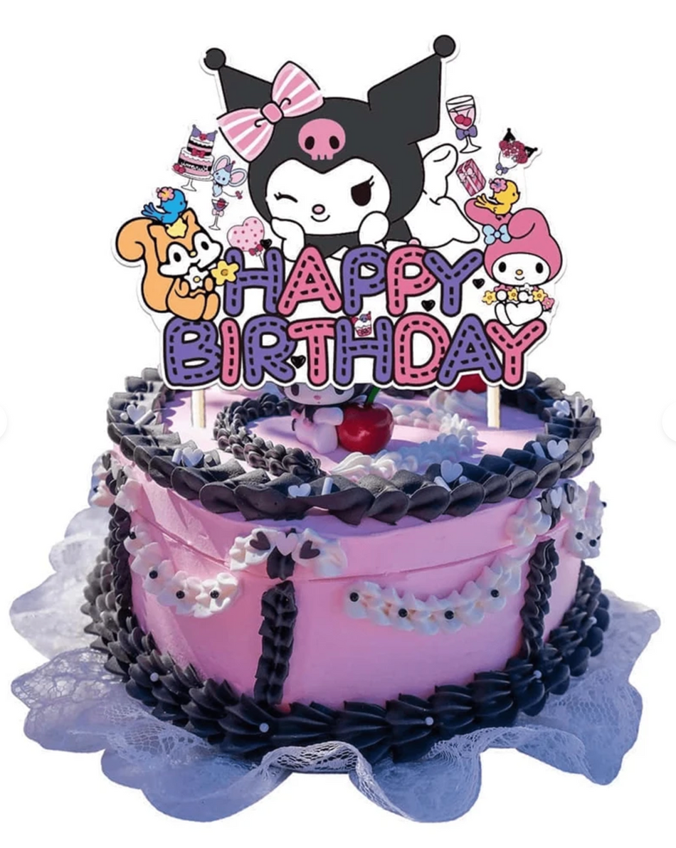 Décoration de fête d'anniversaire Kuromi grand gâteau avec drapeau planté 