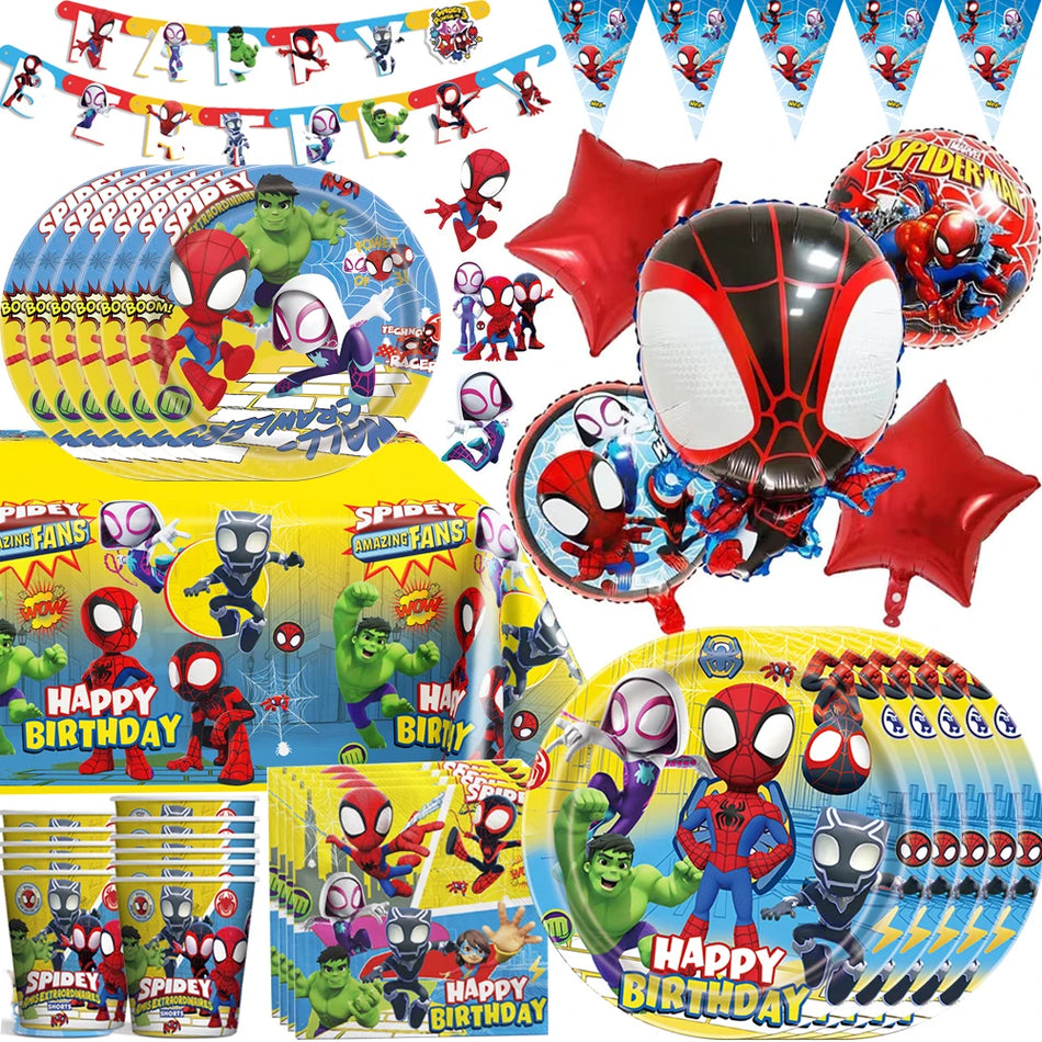 🔵 Spidey ve onun muhteşem arkadaşları parti dekorasyonları örümcek adam tek kullanımlık yemek takımı masa örtüsü arka plan çocuklar için doğum günü tedarik