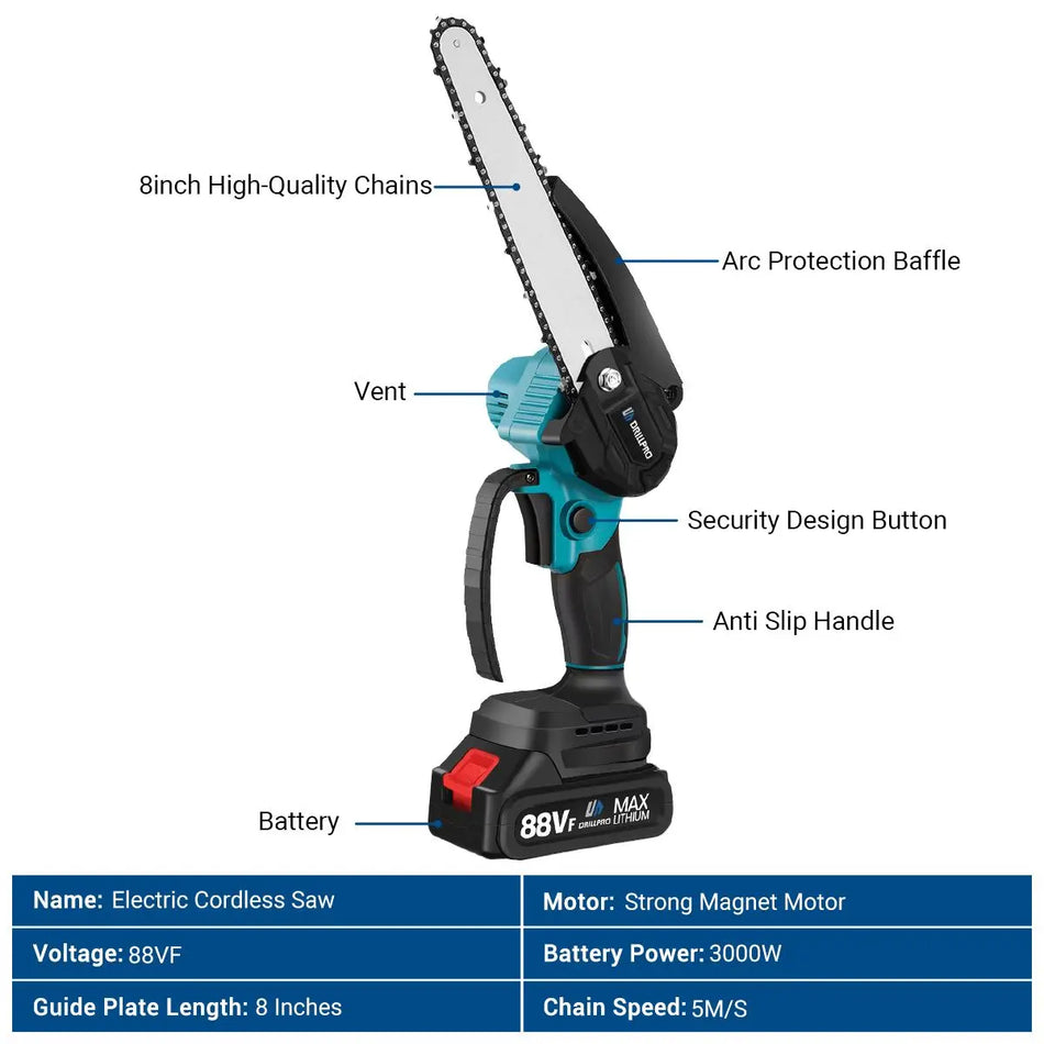Drillpro 8-Inch Mini Brushless Chain Saw: Portable Electric Pruning Tool