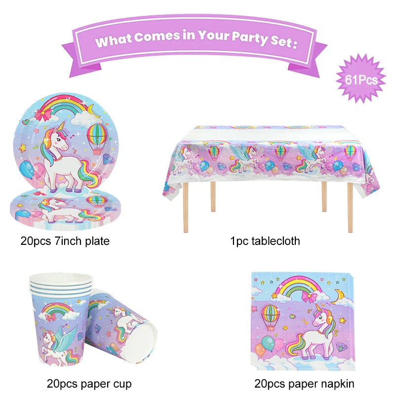 61Pcs Rainbow Unicorn Disposable Tableware Set - Cyprus