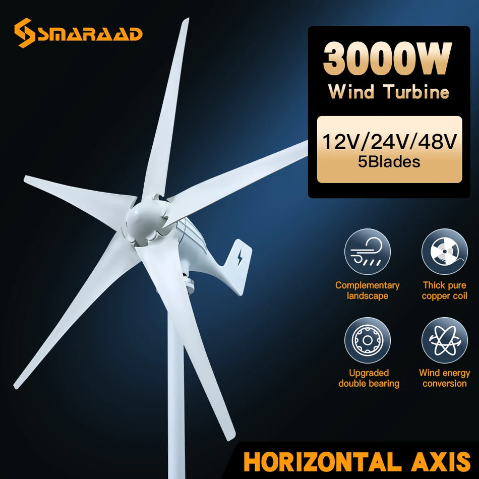 SMARAAD 3000W Horizontal Wind Turbine Generator for Efficient Home Energy Solutions