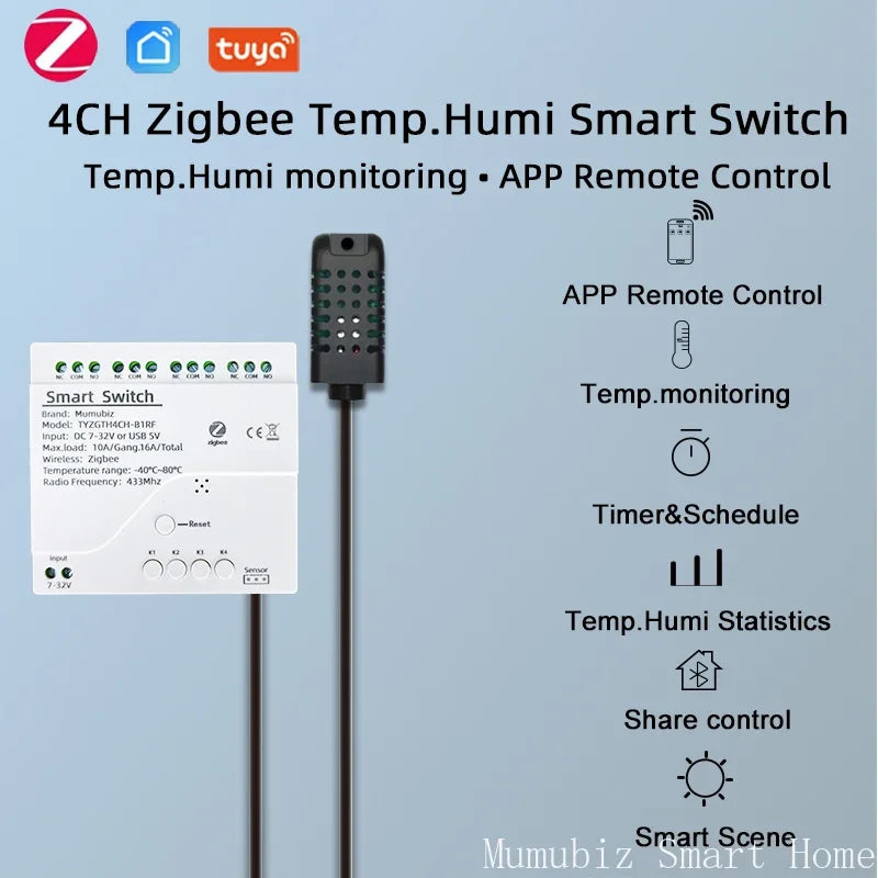 Mumubiz Zigbee 4 Gang Smart Switch mit Temperatur- und Feuchtigkeitssensor