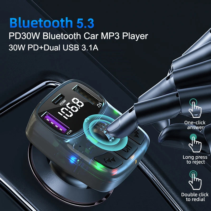 Car Bluetooth 5.3 FM-передатчик PD 30W Type-C Dual USB 4.2a быстро зарядное устройство