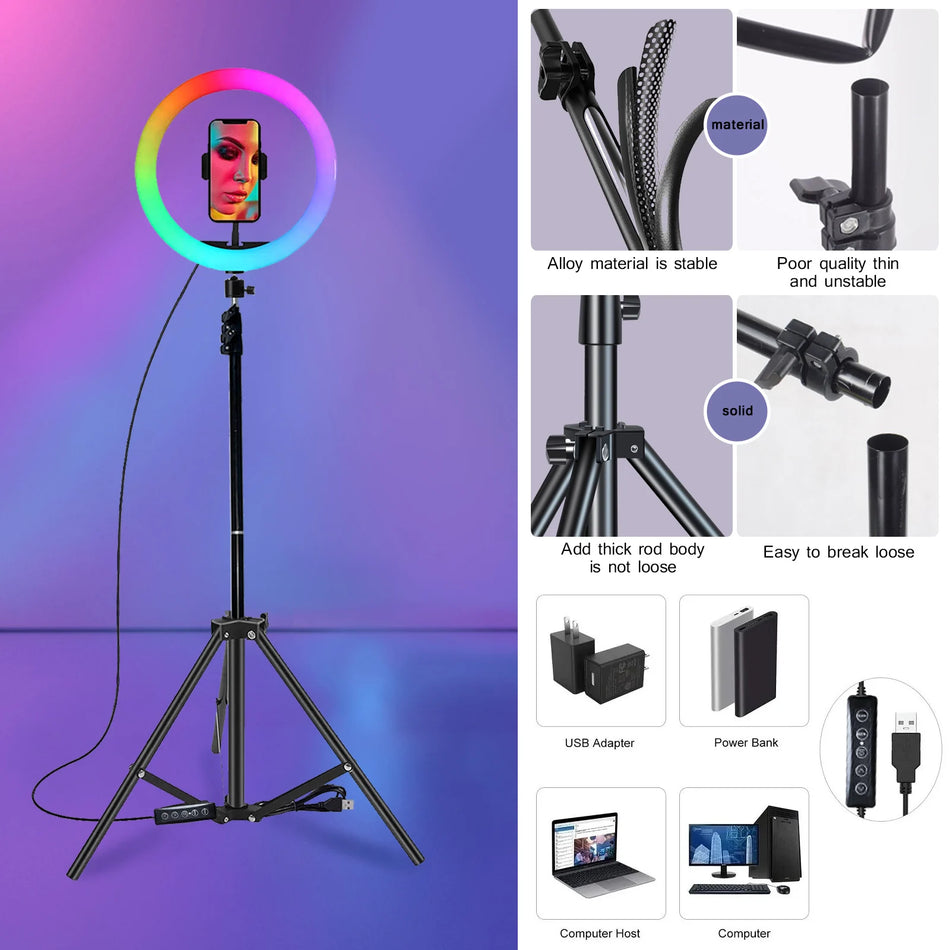 BAODELI 10in RGB Selfie Ring Light Stativ med 18 lysindstillinger 