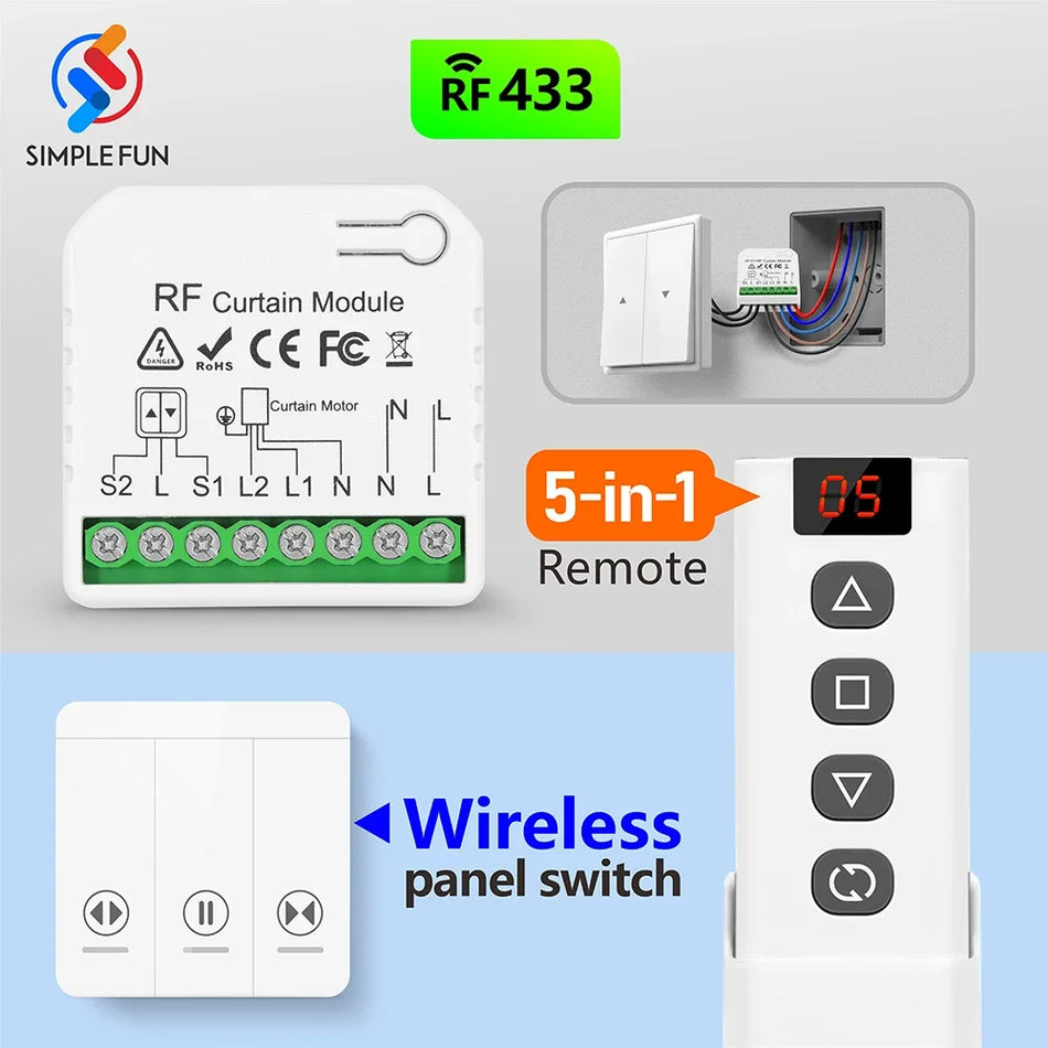 433MHz Vorhangferne-Steuerungsschalter, 5-in-1-Fernbedienung, drahtloser Panelschalter, 110 V 220V 16A RF-Modul für Rolllack-Blindgarage