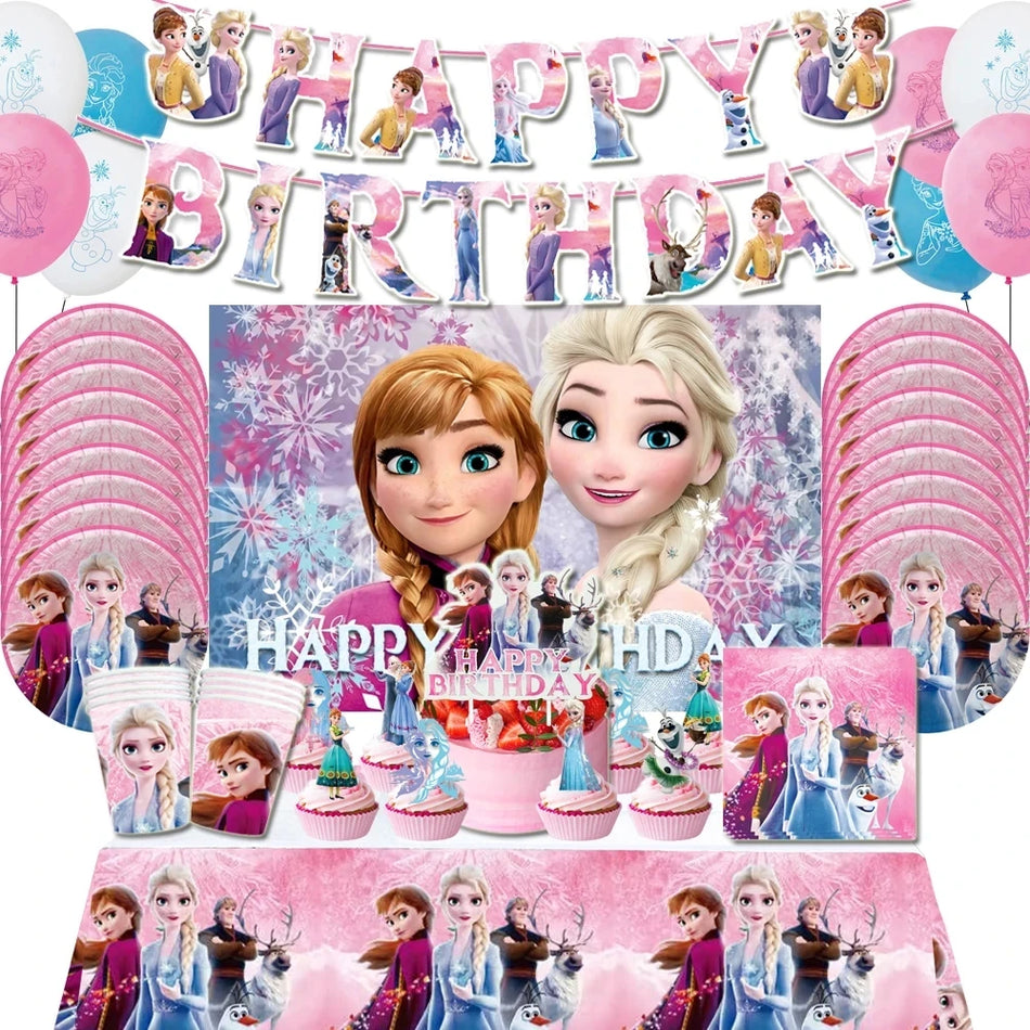 🔵 Disney Pink Frozen Theme Party Supplies Set - 61Pcs Disposable Tableware Cups Napkins Plates Banners Elsa And Anna Birthday Decoration - Cyprus