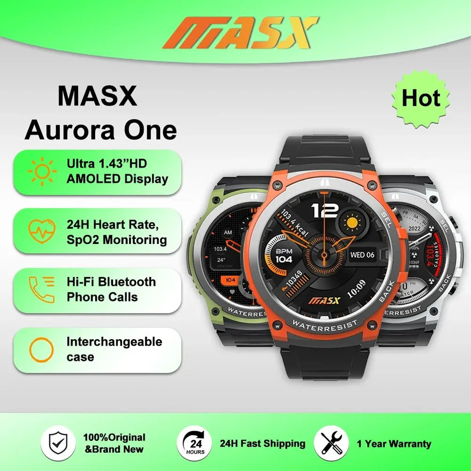 ساعة MASX Aurora One Premium الذكية مع شاشة AMOLED مقاس 1.43 بوصة ومكالمات صوتية