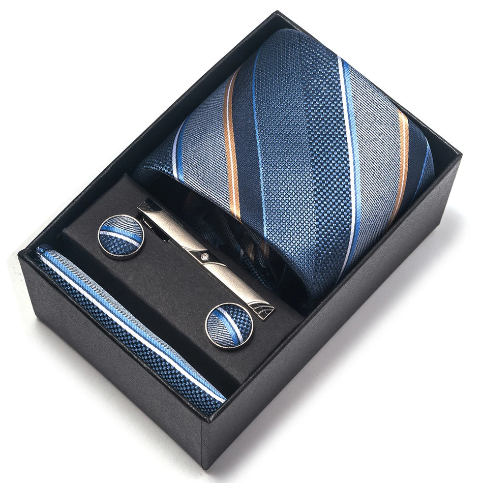 Elegant Plaid Silk Tie Handkerchief Cufflink Set for Men