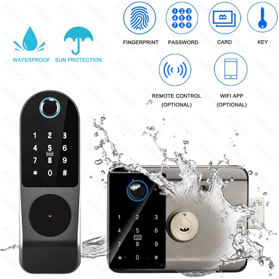 Tuya WiFi Outdoor Waterd Smart Lock Fingerabdruck Biometrisches digitales Schloss mit Fernbedienung Elektronisches Schloss Smart Door Schloss