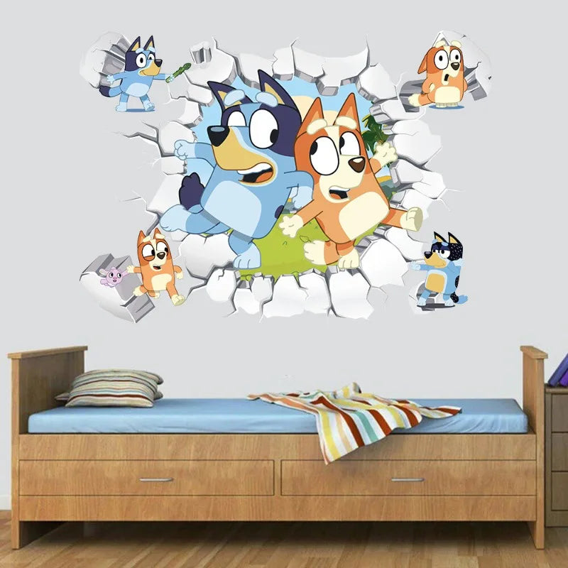 🔵 New Bluey Cartoon Anime Children's Wall Sticker Self-adhesive Broken Wall Sticker PVC Poster Bedroom Room 3D Wall Decoration