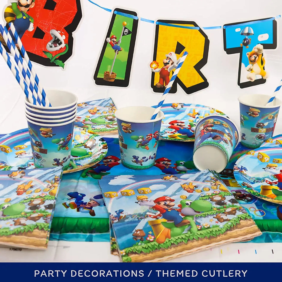 🔵 Süper Mario Doğum Günü Partisi Malzemeleri - Masa örtüsü, bardak, tabak, balon ve daha fazlası - Ücretsiz gönderim - Kıbrıs