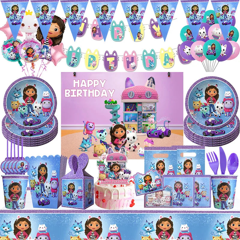 Gabby Dollhouse Birthday Party Decorations Balloons Tableware Backdrop Plates Cake Topper Girl Kids Gift Birthday Party Supplies