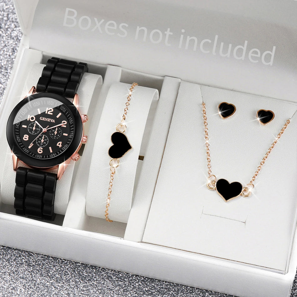 4PCS Geneva Fashion Watch & Heart Jewelry Set for Women