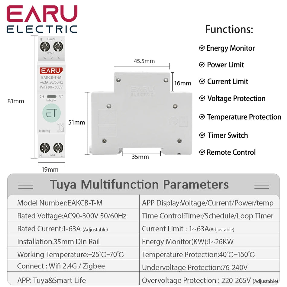 Tuya Wi -Fi Zigbee Smart Suprecer 1p+N 63a с мониторингом энергии и голосовым управлением