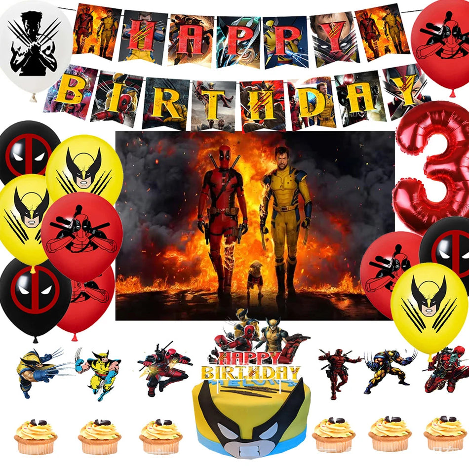 Deadpool et Wolverine sur le thème de la fête d'anniversaire de fête de fête