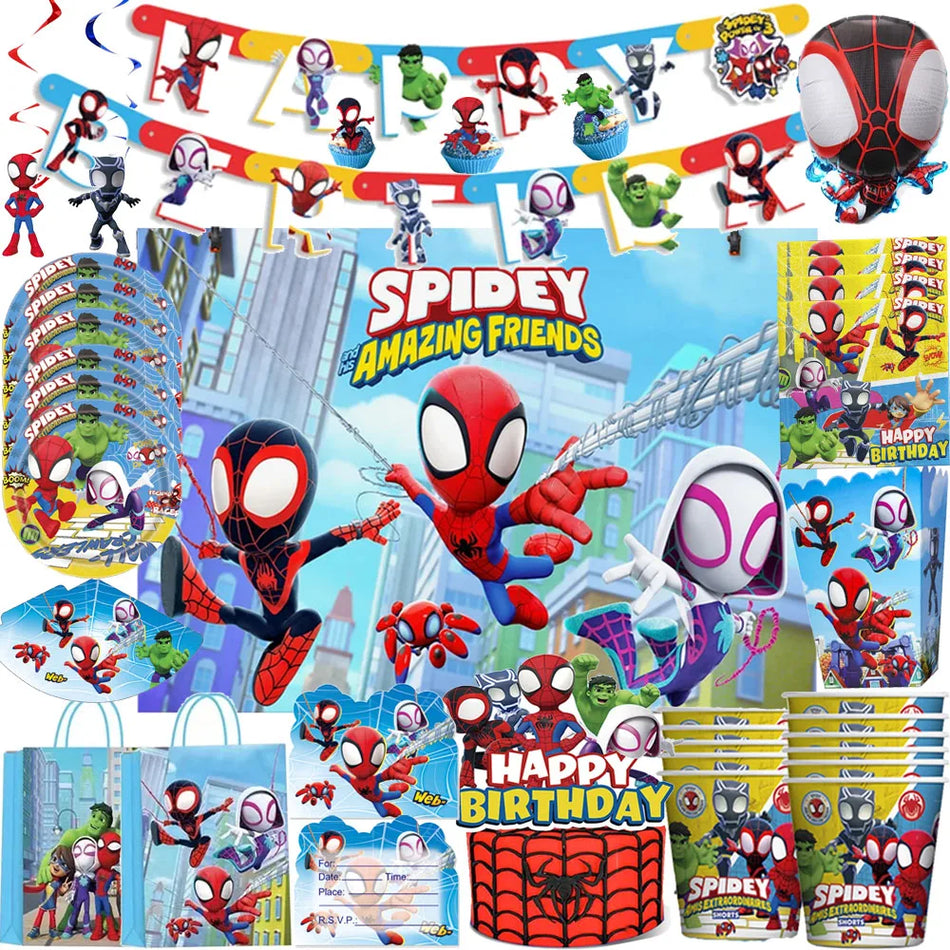 🔵 Spidey and His Amazing Friends Birthday Decorations Napkins straws Fork Tablecloths banner Paper Plate Cup Balloons Baby Shower