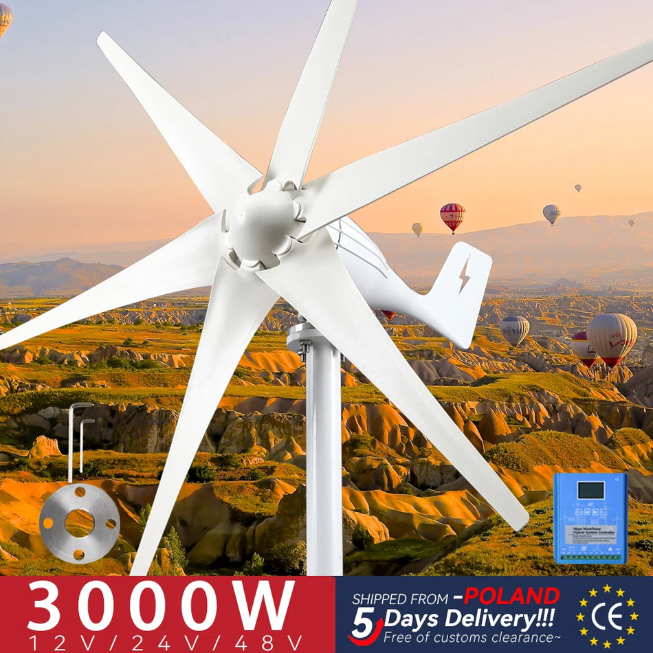 3000W Wind Turbine Generator with MPPT Charge Controller for Home and Off-Grid Use