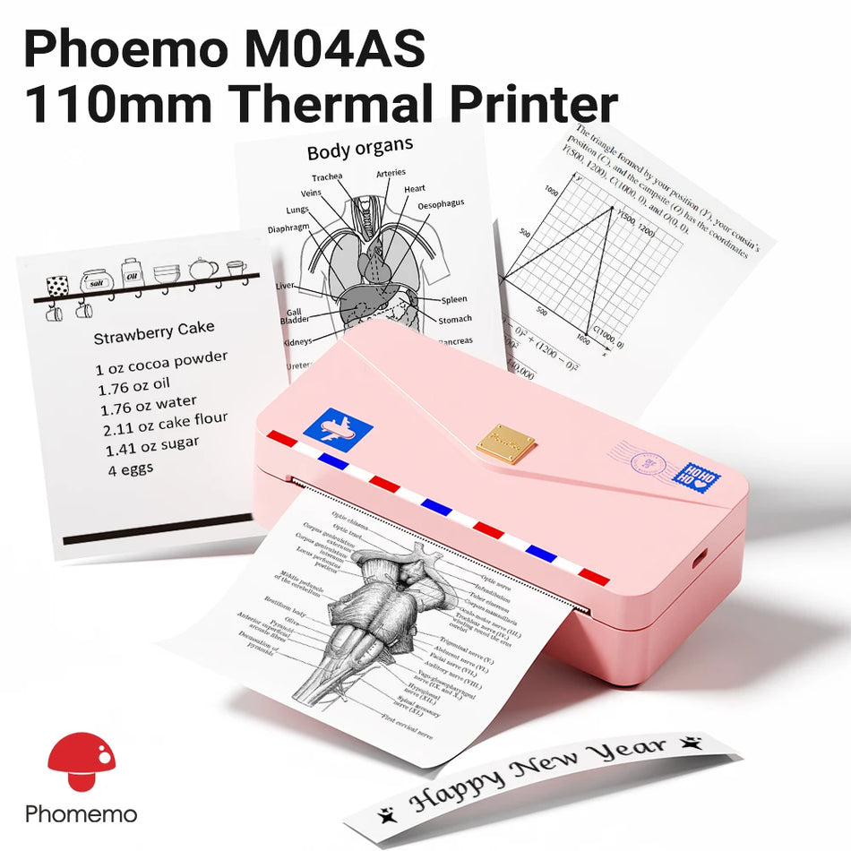 طابعة Phomemo M04AS صغيرة محمولة وطابعة صور حرارية ورقية لاسلكية بدون حبر آلة طباعة ملصقات 304 ديسيبل متوحد الخواص