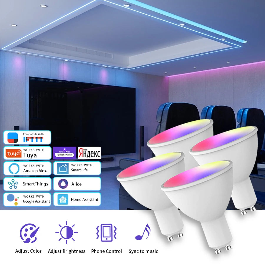 Atcomm 4 PCS Akıllı LED Gu10 Spotlight Ampuller - RGB Renk Değişen, Dimmabable, WiFi Kontrolü