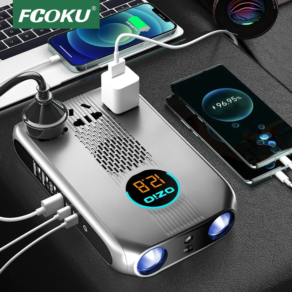 6 USB CAR Charger QC3.0 PD Быстрая зарядка 200 Вт 12 В 24 В до 220 В Светодиодный экранный инвертор с 3 сигареты с 3 гнездящими.