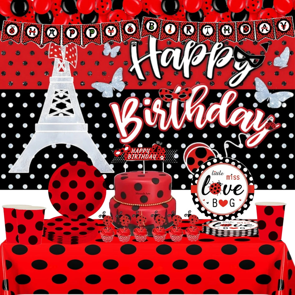 🔵 Disney Ladybug Birthday Party Decoration Black Dot Disposable Tableware Set - Cyprus