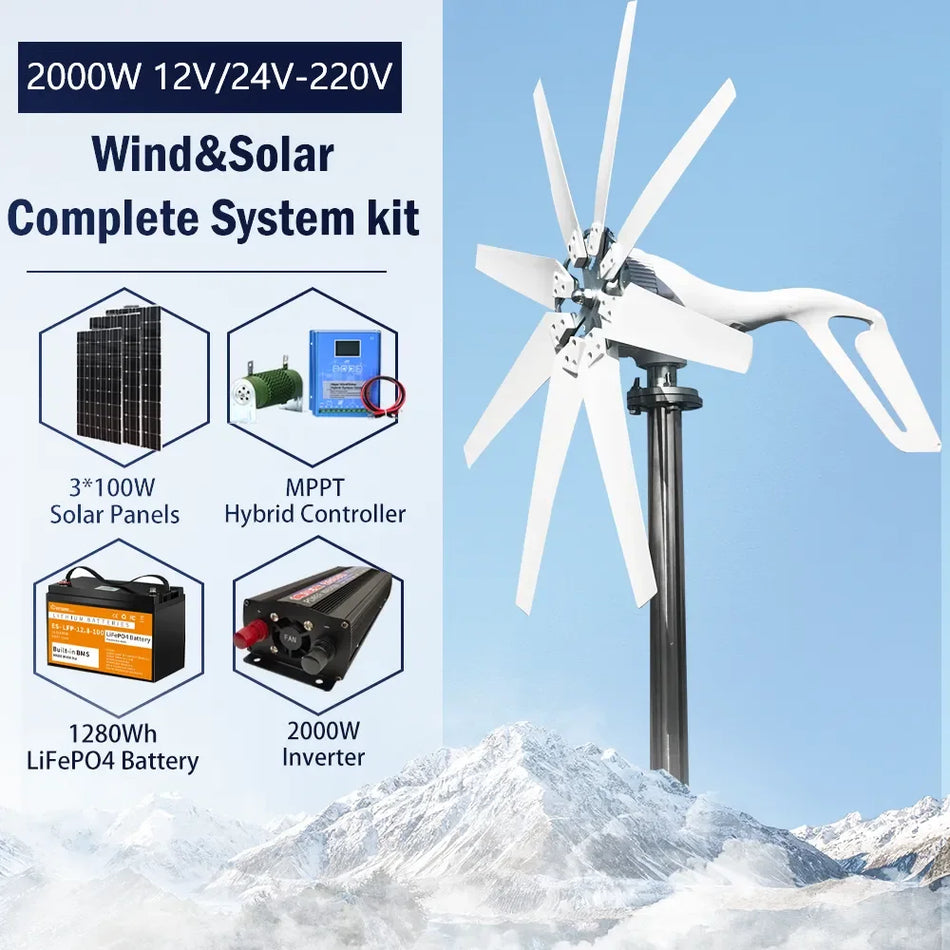 2000W Wind Turbine Generator Complete Power Supply System with Solar Panels